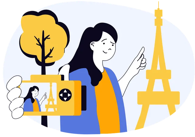 Woman clicking pictures at Eiffel Tower  Illustration