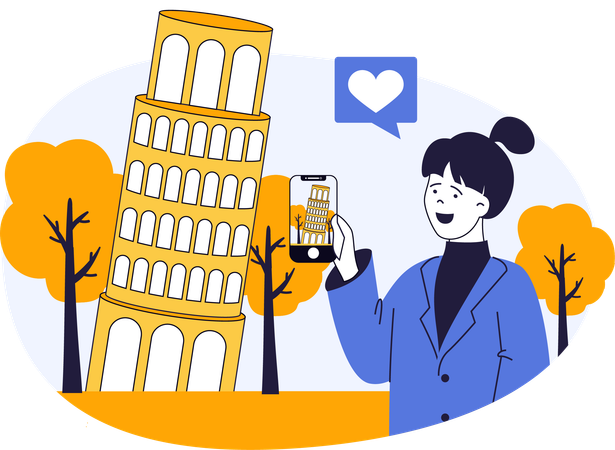 Woman clicking pictures near Pisa tower  Illustration