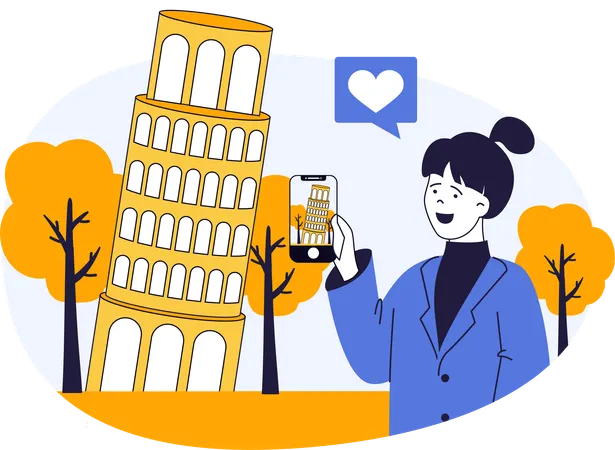 Woman clicking pictures near Pisa tower  Illustration
