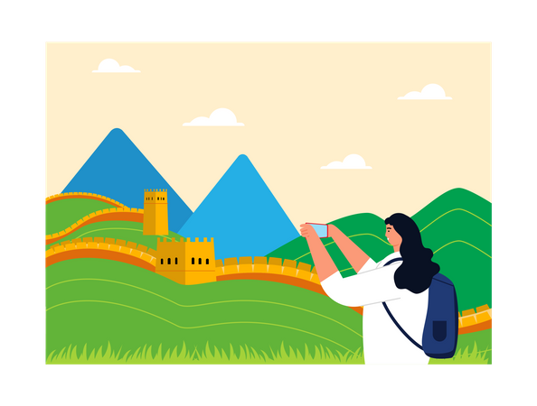 Woman clicking pictures of Great Wall Of China  Illustration