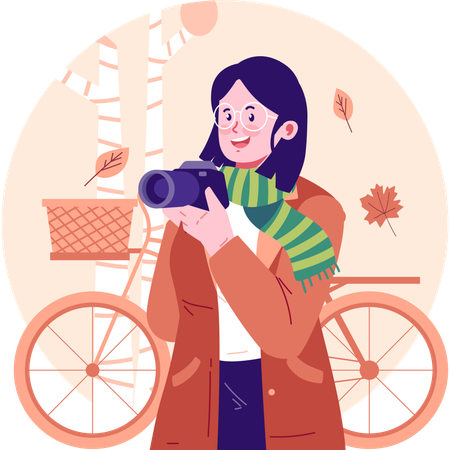Woman clicking pictures of nature in autumn season  Illustration