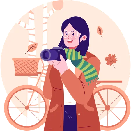 Woman clicking pictures of nature in autumn season  Illustration