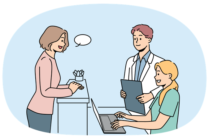 Woman client of hospital standing near reception desk and consults with doctor  Illustration
