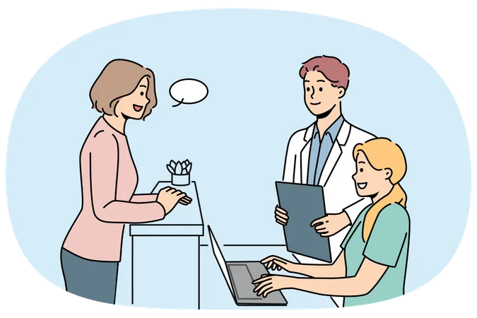 Woman client of hospital standing near reception desk and consults with doctor  Illustration