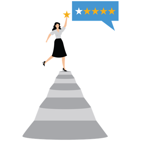 Woman climb up ladder to Customer giving five stars rating review  Illustration