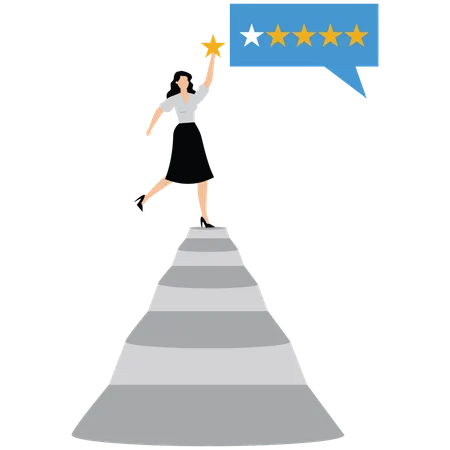 Woman climb up ladder to Customer giving five stars rating review  Illustration