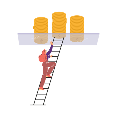 Woman climbing a ladder to a glass ceiling with coins on it  Illustration