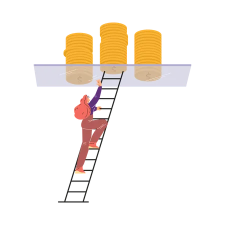 Woman climbing a ladder to a glass ceiling with coins on it  Illustration