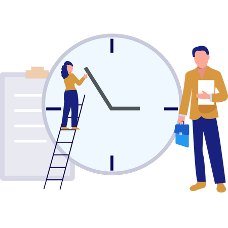 Woman climbing on ladder for clock setting  Illustration