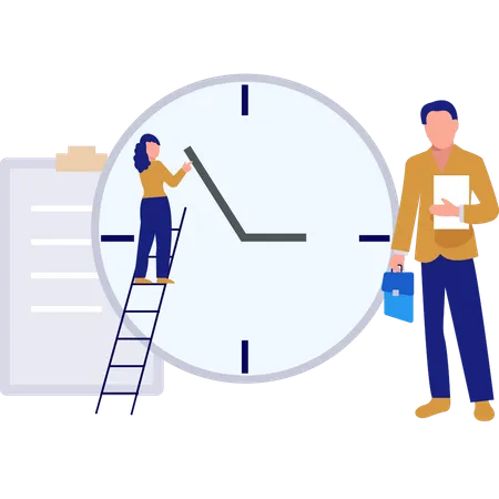 Woman climbing on ladder for clock setting  Illustration