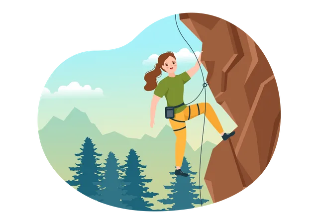 Woman climbing rock cliff Illustration