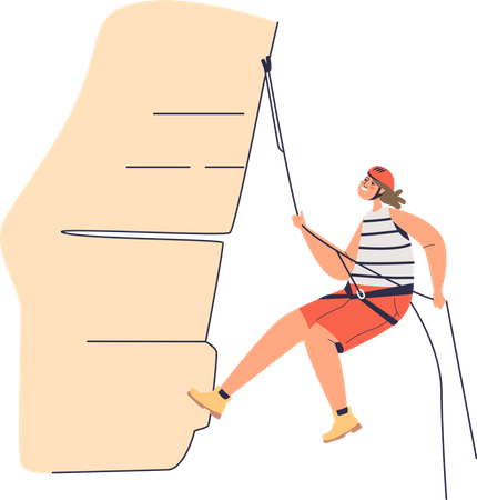 Woman climbing rock using belay ropes and wearing helmet Illustration