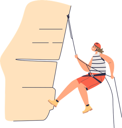 Woman climbing rock using belay ropes and wearing helmet  Illustration