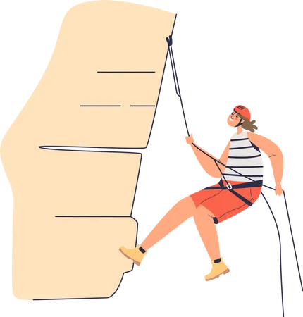 Woman climbing rock using belay ropes and wearing helmet  Illustration