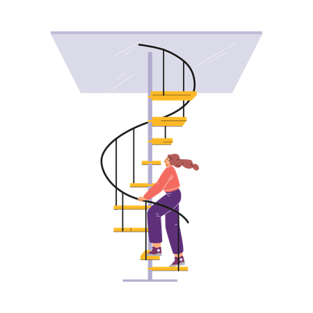 Woman climbing spiral staircase to glass ceiling  Illustration