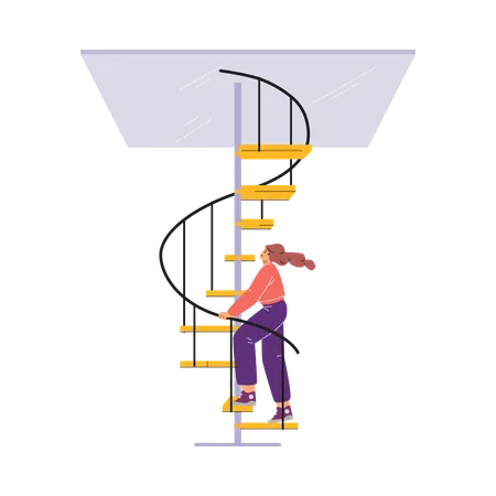 Woman climbing spiral staircase to glass ceiling  Illustration