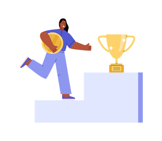 Woman climbing stairs to achieve trophy  Illustration