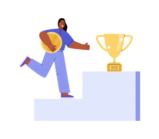 Woman climbing stairs to achieve trophy  Illustration