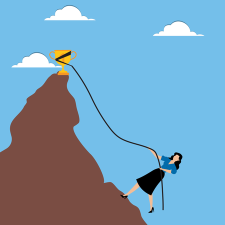 Woman climbing tightrope to top with winning cup  Illustration