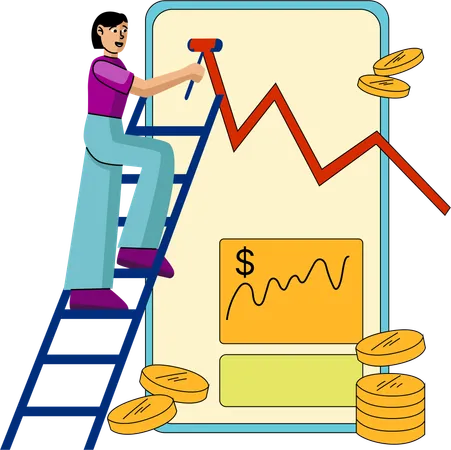 A Woman Climbs A Ladder To Adjust A Rising Financial Graph On A Giant Smartphone Screen Symbolizing Proactive Financial Management And Growth Gold Coins Lie At The Base Indicating The Accumulation Of Wealth Illustration