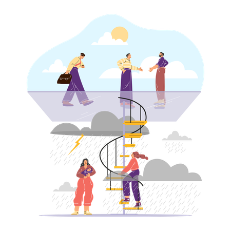 Woman climbs a spiral staircase through rain and storm clouds towards a glass floor where men stand in sunny weather  Illustration