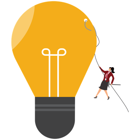 Woman climbs rope to top of light bulb  Illustration