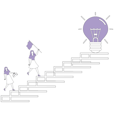 Woman climbs up to flag on a light bulb  Illustration