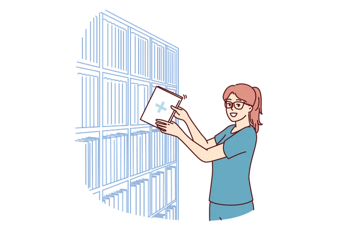 Woman clinic administrator with patient card stands near rack with archive of patients  Illustration