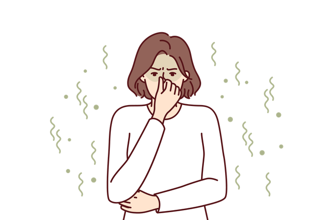 Woman closes nose in disgust at smell  Illustration