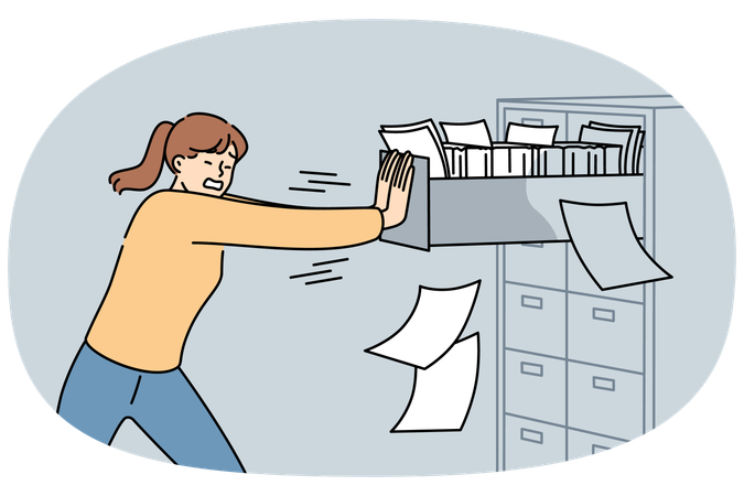 Woman closes overflowing filing cabinet  Illustration