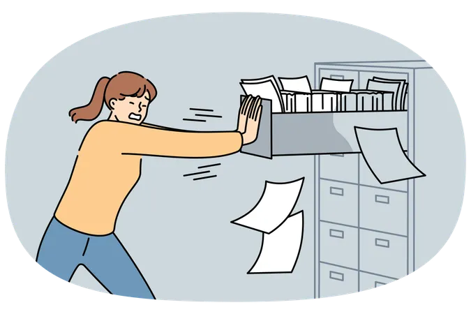 Woman closes overflowing filing cabinet  Illustration