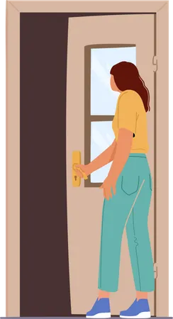 Young Girl Peep Into Open Doorway Curious Female Character Opening Door Isolated On White Background Entrance To Apartment Or Office Invitation New Opportunity Cartoon People Vector Illustration Illustration