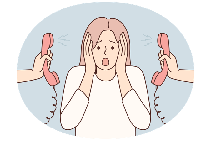 Woman clutches head is nervous about lot of phone calls and intrusive telemarketing or spam  Illustration