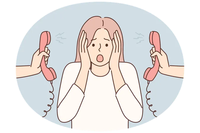 Woman clutches head is nervous about lot of phone calls and intrusive telemarketing or spam  Illustration