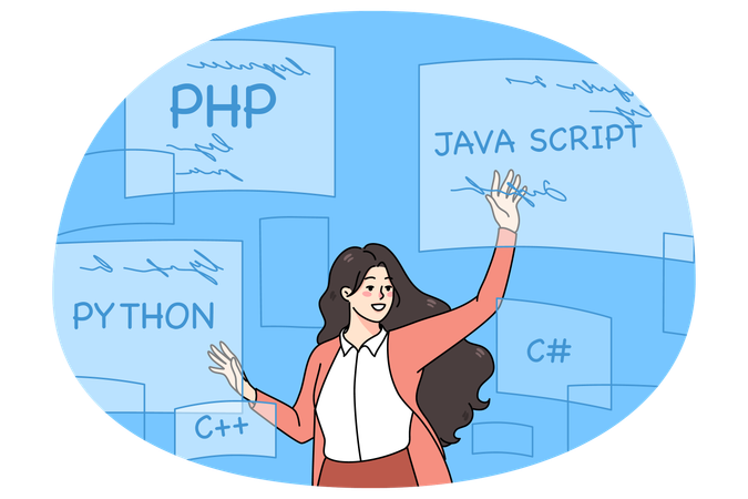 Woman coder programming with computer languages  Illustration