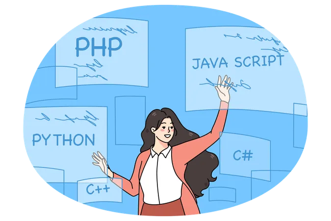 Woman coder programming with computer languages  Illustration