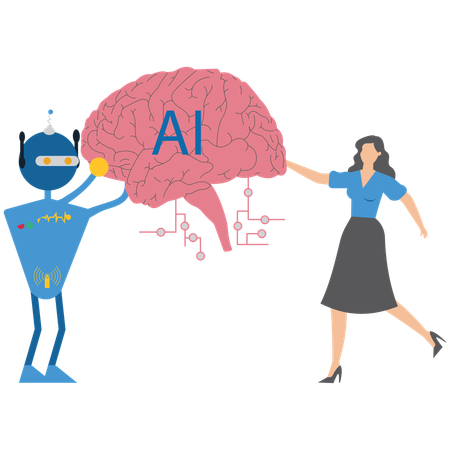 Woman collaborating with ai brain collaboration  Illustration