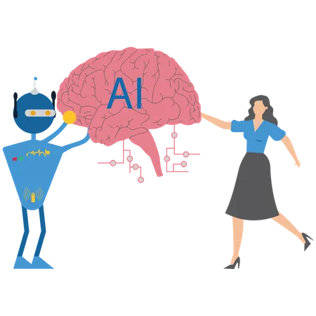 Woman collaborating with ai brain collaboration  Illustration