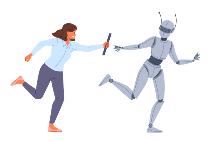 Woman collaborating with robot to achieve goals  Illustration