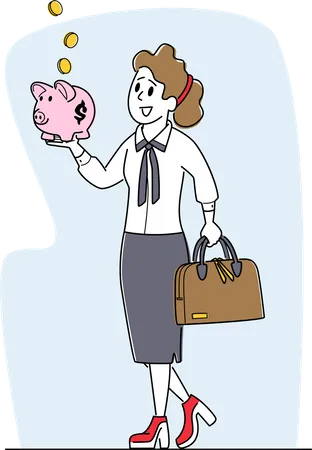Woman Collect Golden Coins into Piggy Bank Illustration
