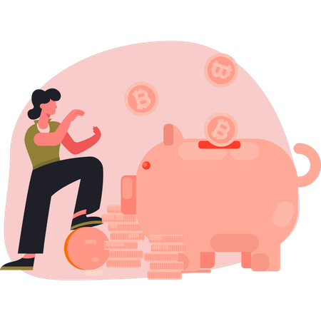 Woman collecting coins in piggy bank  Illustration