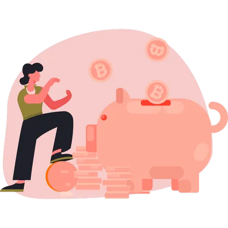 Woman collecting coins in piggy bank  Illustration