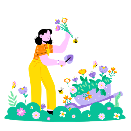 Woman collecting flower  Illustration