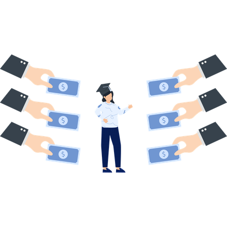 Woman collecting graduation funding  Illustration