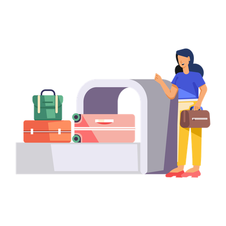 Woman collecting luggage at terminal  Illustration