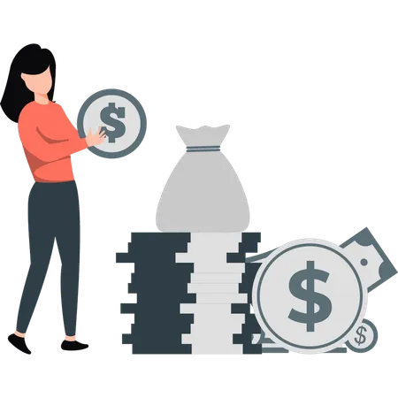 Woman collecting money in dollar bag  Illustration