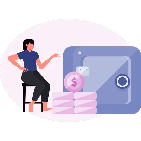 Woman collecting money in locker  Illustration