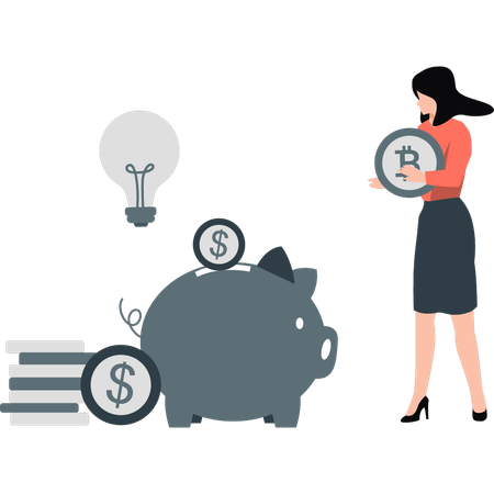 Woman collecting money in piggy bank  Illustration