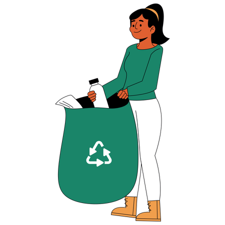 Woman collecting plastic bottles from seashore  Illustration