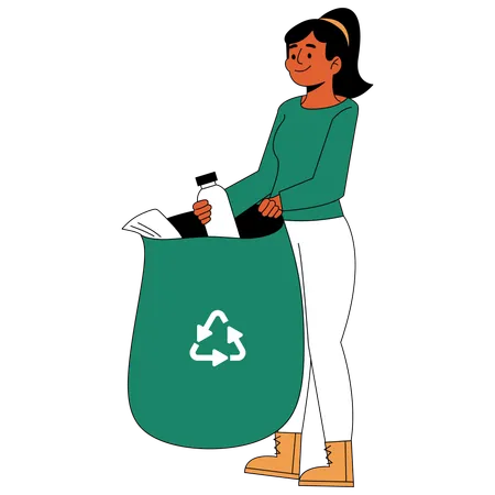 Woman collecting plastic bottles from seashore  Illustration